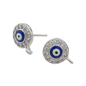 Copper Stud Earring Pave Zircon Evil Eye Platinum Plated, approx 9mm dia