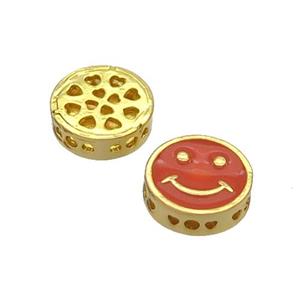 Copper Emoji Beads Red Enamel Gold Plated, approx 11mm dia