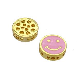 Copper Emoji Beads Pink Enamel Gold Plated, approx 11mm dia