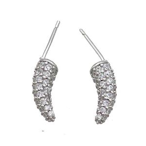 Copper Horn Stud Earring Pave Zircon Platinum Plated, approx 4-12mm