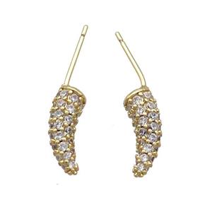 Copper Horn Stud Earring Pave Zircon Gold Plated, approx 4-12mm