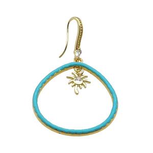 Copper Hook Earring Pave Zircon Teal Enamel Gold Plated, approx 32mm, 10mm, 10-20mm