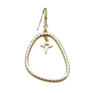 Copper Hook Earring Pave Zircon White Enamel Gold Plated, approx 30-38mm, 8-10mm, 10-20mm