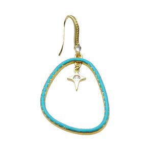 Copper Hook Earring Pave Zircon Teal Enamel Gold Plated, approx 30-38mm, 8-10mm, 10-20mm