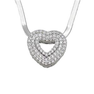 Copper Necklace Pave Zircon Heart Platinum Plated, approx 18mm dia, 2.5mm, 40-45cm length