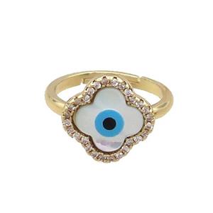 Copper Ring Pave Zircon Evil Eye Shell Clover Gold Plated, approx 14mm, 18mm dia