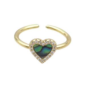 Copper Ring Pave Zircon Abalone Shell Heart Gold Plated, approx 8mm, 18mm dia