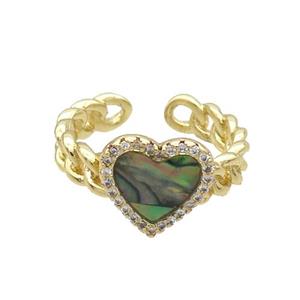 Copper Ring Pave Zircon Abalone Shell Heart Gold Plated, approx 12mm, 18mm dia