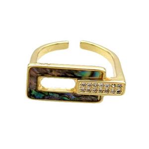 Copper Ring Pave Abalone Shell Zircon Gold Plated, approx 8.5-21mm, 18mm dia