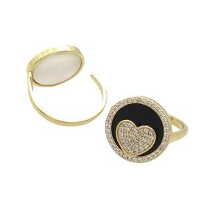 Copper Ring Pave Onyx Zircon Heart Gold Plated, approx 16mm, 18mm dia