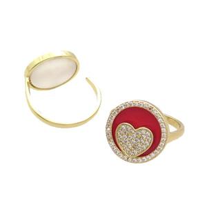Copper Ring Pave Red Agate Zircon Heart Gold Plated, approx 16mm, 18mm dia