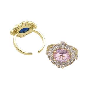 Copper Ring Pave Zircon Pink Crystal Gold Plated, approx 16-18.5mm, 18mm dia