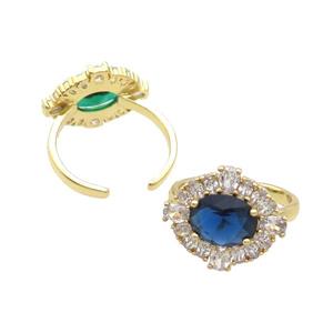 Copper Ring Pave Zircon Blue Crystal Gold Plated, approx 16-18.5mm, 18mm dia