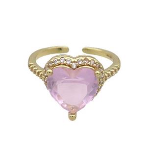 Copper Ring Pave Zircon Pink Crystal Heart Gold Plated, approx 12-13mm, 18mm dia