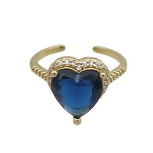 Copper Ring Pave Zircon Blue Crystal Heart Gold Plated, approx 12-13mm, 18mm dia