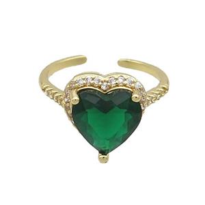 Copper Ring Pave Zircon Green Crystal Heart Gold Plated, approx 12-13mm, 18mm dia