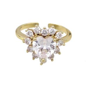 Copper Ring Pave Zircon Clear Crystal Heart Gold Plated, approx 15mm, 18mm dia
