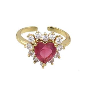 Copper Ring Pave Zircon Red Crystal Heart Gold Plated, approx 15mm, 18mm dia