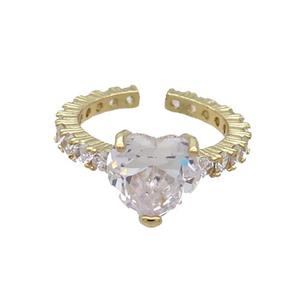 Copper Ring Pave Zircon Clear Crystal Heart Gold Plated, approx 10mm, 18mm dia