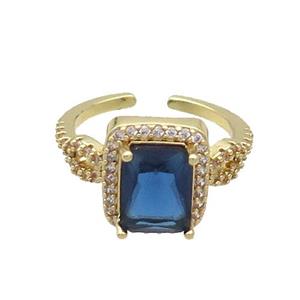 Copper Ring Pave Zircon Blue Crystal Rectangle Gold Plated, approx 10-12mm, 18mm dia