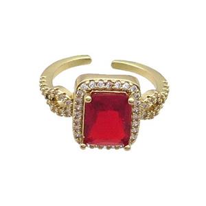 Copper Ring Pave Zircon Red Crystal Rectangle Gold Plated, approx 10-12mm, 18mm dia