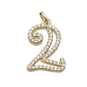 Copper Number-2 Pendant Pave Zircon Gold Plated, approx 14-18mm