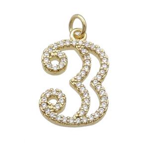 Copper Number-3 Pendant Pave Zircon Gold Plated, approx 14-18mm