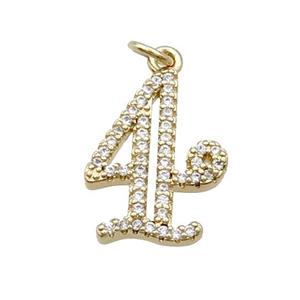 Copper Number-4 Pendant Pave Zircon Gold Plated, approx 14-18mm