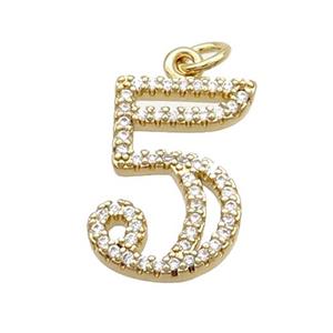 Copper Number-5 Pendant Pave Zircon Gold Plated, approx 14-18mm
