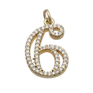 Copper Number-6 Pendant Pave Zircon Gold Plated, approx 14-18mm