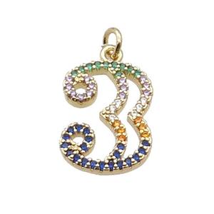 Copper Number-3 Pendant Pave Zircon Gold Plated, approx 14-18mm
