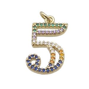Copper Number-5 Pendant Pave Zircon Gold Plated, approx 14-18mm