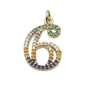 Copper Number-6 Pendant Pave Zircon Gold Plated, approx 14-18mm