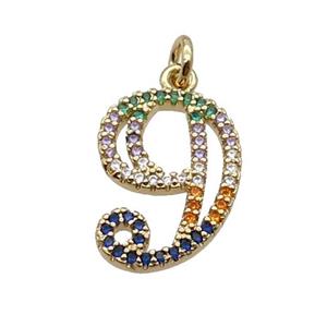 Copper Number-9 Pendant Pave Zircon Gold Plated, approx 14-18mm