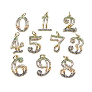 Copper Number Pendant Pave Zircon Gold Plated Mixed, approx 14-18mm