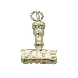 Copper Gavel Charm Pendant Pave Zircon LOVE Gold Plated, approx 13-15mm
