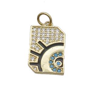 Copper Talisman Pendant Pave Zircon Amulet Medallion Eye Black Enamel Gold Plated, approx 11-16mm