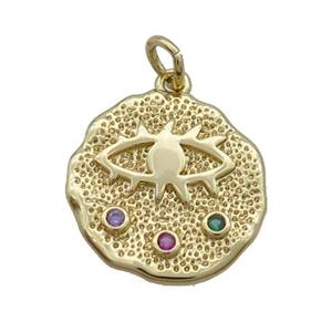 Copper Circle Pendant Evil Eye Pave Zircon Gold Plated, approx 18mm