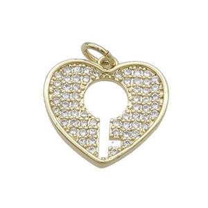 Copper Heart Key Pendant Pave Zircon Gold Plated, approx 16mm