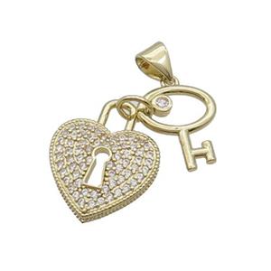 Copper Heart Lock Key Pendant Pave Zircon Gold Plated, approx 11-13mm, 15-18mm