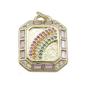 Copper Lucky Rainbow Pendant Pave Zircon Rectangle Gold Plated, approx 18-20mm