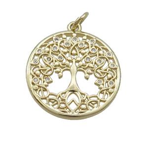 Copper Tree Of Life Pendant Charm Pave Zircon Gold Plated, approx 20mm