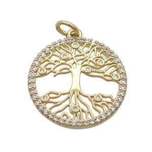 Copper Pendant Pave Zircon Tree Of Life Gold Plated, approx 20mm