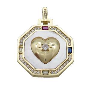 Copper Octagon Heart Pendant Pave Zircon Shell Gold Plated, approx 27mm