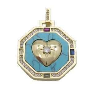 Copper Octagon Heart Pendant Pave Zircon Turquoise Gold Plated, approx 27mm