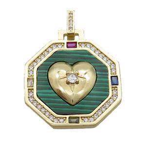 Copper Octagon Heart Pendant Pave Zircon Malachite Gold Plated, approx 27mm