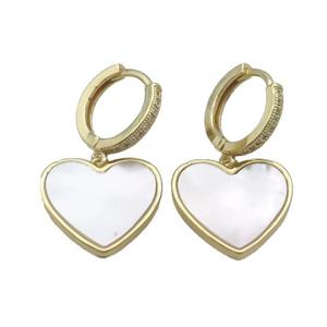 Copper Hoop Earring Pave Zircon White Shell Heart Gold Plated, approx 16mm, 14mm dia