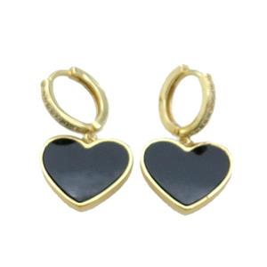 Copper Hoop Earring Pave Zircon Black Agate Heart Gold Plated, approx 16mm, 14mm dia