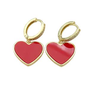 Copper Hoop Earring Pave Zircon Red Agate Heart Gold Plated, approx 16mm, 14mm dia