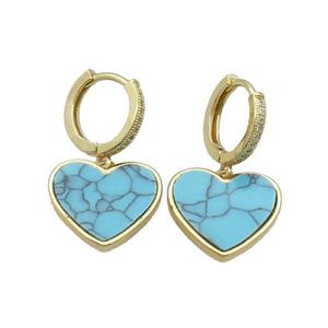 Copper Hoop Earring Pave Zircon Blue Turquise Heart Gold Plated, approx 16mm, 14mm dia